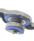 Close-up of Heavy Duty 16 Psi Coolant Reservoir Radiator Cap, steel body with blue rubber sealing ring, OE replacement.