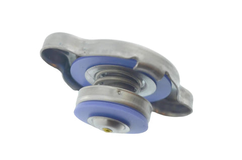 Close-up of Heavy Duty 16 Psi Coolant Reservoir Radiator Cap, steel body with blue rubber sealing ring, OE replacement.