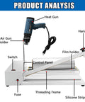 Heavy Duty Shrink Wrap Machine Kit With Heat Gun And Bar Sealer For 12 18 And 24 Inch Film Rolls showing components like heat gun, control panel, and film holder.