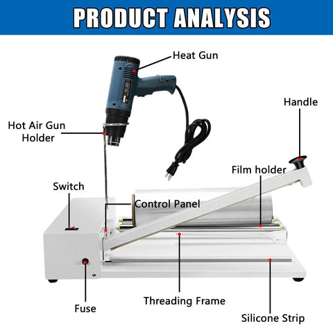 Heavy Duty Shrink Wrap Machine Kit With Heat Gun And Bar Sealer For 12 18 And 24 Inch Film Rolls showing components like heat gun, control panel, and film holder.