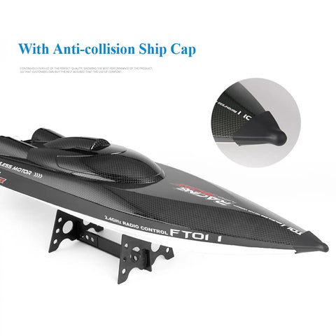 Close-up of black RTR 25.5 Inch Brushless Remote Control Boat with 2.4GHz Radio, highlighting the anti-collision ship cap.
