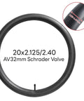 20 Inch Bike Inner Tube Fits 2.125 To 2.40 Inch Width Tires With Schrader Valve shown in circular view with valve detail