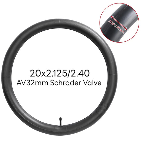20 Inch Bike Inner Tube Fits 2.125 To 2.40 Inch Width Tires With Schrader Valve shown in circular view with valve detail
