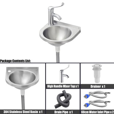 Wall Mounted Stainless Steel Hand Wash Basin For Small Spaces, A Real Space Saver, Durable 304 Stainless Sink package contents