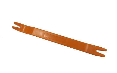 Orange plastic automotive trim removal tool with dual forked ends