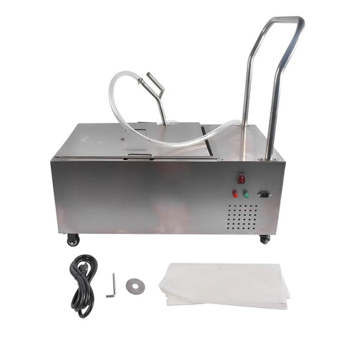 Heavy Duty 55 Liter Commercial Fryer Oil Filter Cart With Robust Stainless Steel Build, hose and accessories for efficient cleaning.