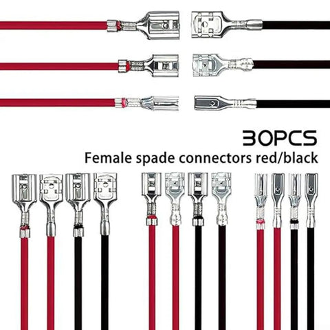 Get The Ultimate 30 Piece Spade Terminal Kit With Insulating Sleeves For 4.8mm, 6.3mm, And 8mm Wire Sizes To Nail Reliable And Solid Electrical Connections On Your Next Ride Or Rig Without Any Hassle. 30pcs female spade connectors red and black with insulating sleeves