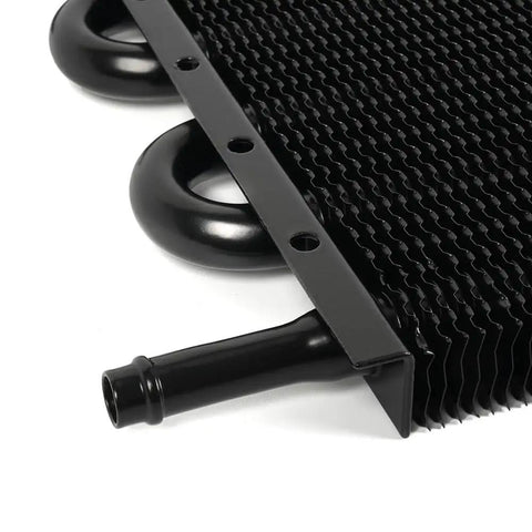 Close-up of Eight Row Transmission Cooler Kit Universal 8 Pass Trans Cooler Aluminum with hose connection detail for heavy haul use
