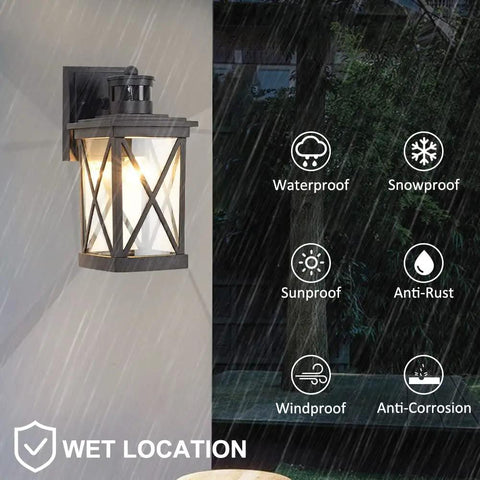 Motion Sensor Wall Sconces Two Pack Dusk To Dawn Outdoor Front Porch Lights Waterproof Auto Night Lighting With Motion Activated Full Brightness Then Dim To Low After One Minute waterproof design in rain.