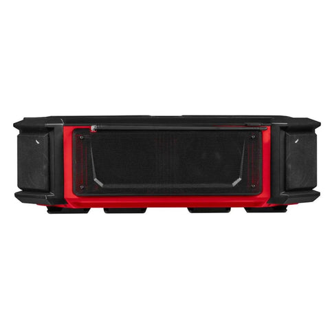 Front view of M18 Packout Radio Charger On The Jobsite Durable Portable Power Hub For Packout System With Built In Radio And USB Charging 2950-20