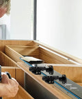 Concealed Black Stainless Steel Cabinet Hinges Set of 3 with full overlay design shown in kitchen installation.