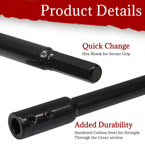 10 Inch Hole Saw Extension Chuck with Three Eighth Inch Hex Shank Locking, highlighting quick change and added durability.