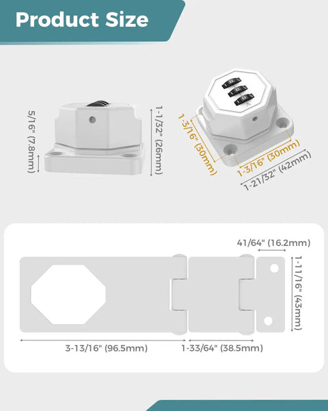 Built Like A Tank 90 Degree Cabinet Combination Lock Latch In White Heavy Duty Zinc Alloy Digital Lock Set For Office Files And Home Drawers Rust Proof Storage Hardware Smooth Fit product size diagram with measurements.