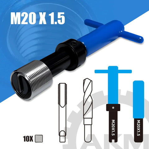 15 Piece M20x1.5 Thread Repair Kit With Stainless Steel Wire Coil Inserts For Durable Internal Threads In Aluminum And Other Metals Built Tough High Strength Wear Resistant Easy To Install And Reuse, featuring installation tools and inserts.
