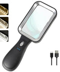 10X Lighted Magnifier With Rechargeable Battery, 3 Color Modes, Handy Rectangular Lens For Seniors And Low Vision, black handle