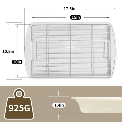 Top view of Nonstick Crisp Baking Tray With Wire Rack 15x10 Jelly Roll Pan Ceramic Coating, dimensions and weight shown.