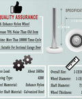 Garage Door Hardware Kit With Nylon Rollers Hinges Top Brackets And Seven Foot Cable Rope For Sixteen By Seven And Eighteen By Seven Double Doors Durable And Quiet Replacement With Reinforced Nylon Rollers And Rust Resistant Hardware specifications chart showing materials and dimensions.