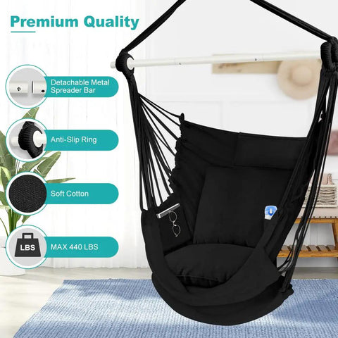 Black hammock chair with foot rest and cushions, durable metal spreader bar swing chair for indoor outdoor chill and relaxation