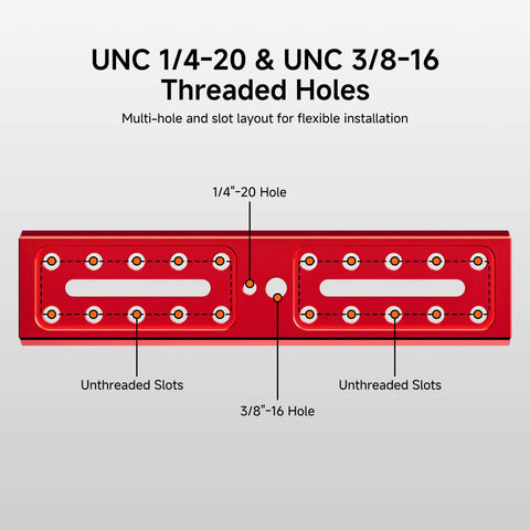 Go To Dual Sided Dovetail Mount Plate 185mm with 1/4-20 & 3/8-16 threaded holes and slots for versatile mounting.