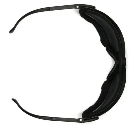 Top view of All Day Comfort Vented Safety Glasses with adjustable ratchet headband and flame resistant foam padding.