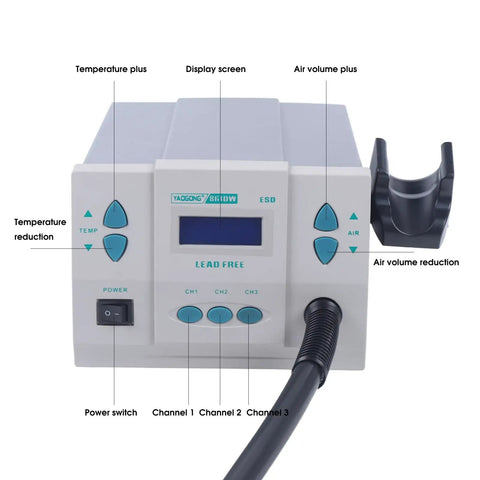 Front view of Pro Grade Digital Display Hot Air Rework Station With Precise Temperature Control From 100C To 500C