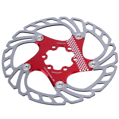 160mm red and silver disc brake rotor, checkered pattern, for mountain bikes, CNC precision, dual material, reinforced aluminum alloy.