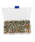Kickass Zinc Alloy Insert Nuts With Flanged Hex Drive Head For No Sweat Furniture Assembly M4 M6 M8 M10 Screw In Socket Hardware 230 Piece Set in storage box.