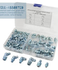 80 Piece Max Strength Grease Fitting Set With SAE Zerk NPT Threads in case showing assorted angles and sizes