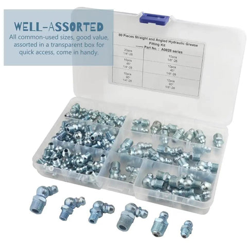80 Piece Max Strength Grease Fitting Set With SAE Zerk NPT Threads in case showing assorted angles and sizes