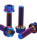 Four Pack M4X15MM Grade Five Titanium Torx Flange Bolts Burnt Blue Finish showing tops and threads of bolts for smooth assembly.