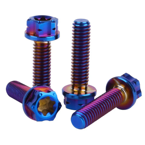 Four Pack M4X15MM Grade Five Titanium Torx Flange Bolts Burnt Blue Finish showing tops and threads of bolts for smooth assembly.