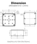 Junction Box IP67 Waterproof Dustproof Project Enclosure Made From ABS Plastic For Outdoor Electrical Use Gray 4.9 X 4.9 X 3 Inches Tough As Nails Weatherproof 125 X 125 X 75 Millimeters dimensions blueprint.