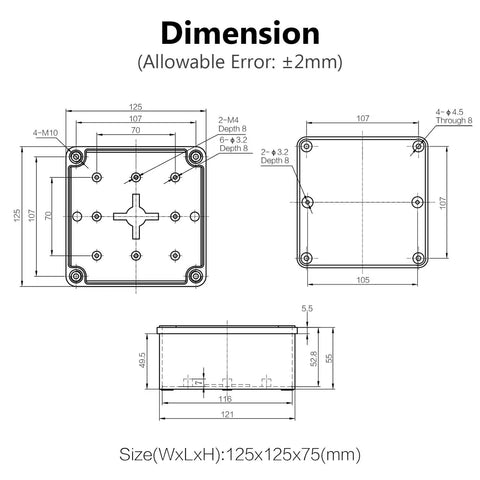 Junction Box IP67 Waterproof Dustproof Project Enclosure Made From ABS Plastic For Outdoor Electrical Use Gray 4.9 X 4.9 X 3 Inches Tough As Nails Weatherproof 125 X 125 X 75 Millimeters dimensions blueprint.