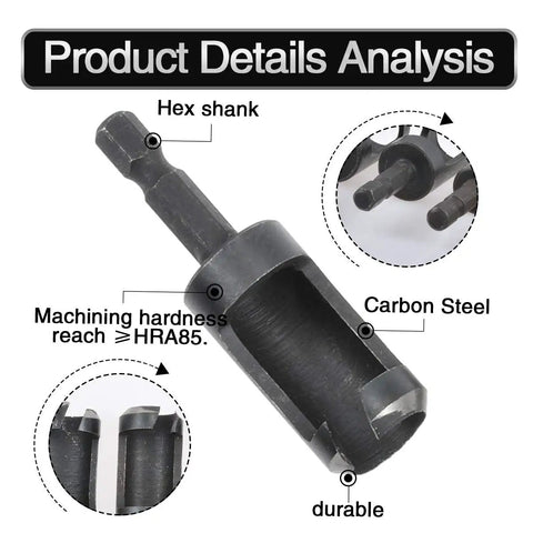 Tough As Nails Wood Plug Cutter Drill Bit Set Featuring Four Slick Cutting Heads And One Quarter Inch Hex Shank For Fast Clean Dowel Holes In Hardwood Or Plywood Carpentry Jobs, showing carbon steel hex shank.