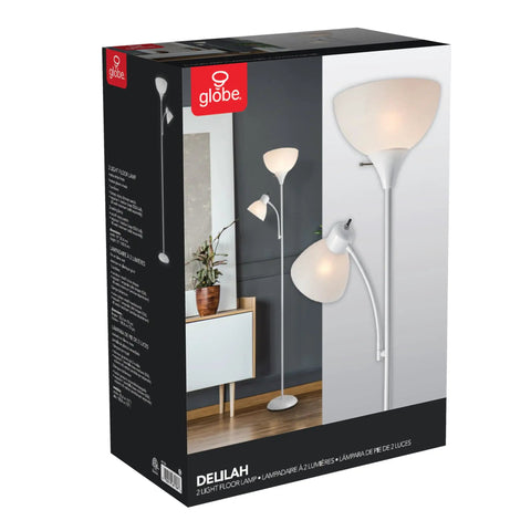 72 Inch Torchiere Floor Lamp With Adjustable Reading Arm Frosted Shades Matte Black Frame Dope Modern Look Rotary Switch On Socket E26 Base Ambient And Task Lighting For Your Living Room Or Den, product box showing lamp illustration and features.