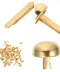 100 Piece Decorative Tacks And Miniature Nails For DIY Crafting, golden brads, close-up and pile views, ideal for scrapbooking and home decor.