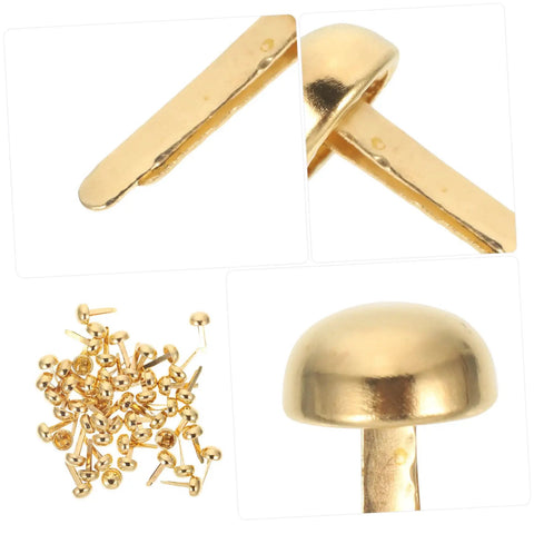 100 Piece Decorative Tacks And Miniature Nails For DIY Crafting, golden brads, close-up and pile views, ideal for scrapbooking and home decor.