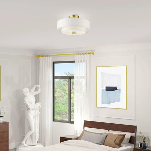 Room interior with Meridian Collection 3 Light Satin Brass Semi Flush Mount Ceiling Light with Off White Hardback Fabric Shade visible