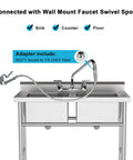 60 Inch Flexible Stainless Pre Rinse Hose With Spray Valve Kit installed on commercial kitchen faucet with swivel spout