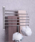 Six Arm Swing Arm Towel Bar Wall Mount Rack In Brushed Stainless Steel For Bathroom Space Saving Towel Organizer That Holds Six Towels And Air Dries Faster Easy Install Durable Modern on a bathroom wall with towels hanging.