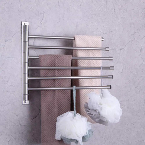 Six Arm Swing Arm Towel Bar Wall Mount Rack In Brushed Stainless Steel For Bathroom Space Saving Towel Organizer That Holds Six Towels And Air Dries Faster Easy Install Durable Modern on a bathroom wall with towels hanging.