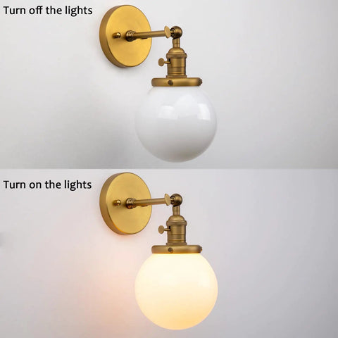 Vintage Wall Sconce Lighting Fixture With 5.9-Inch Round Milk White Hand Blown Glass Globe Shade Hardwired Mount Antique Brass Finish