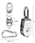 Heavy Duty Stainless Steel M25 Single Pulley Block Set With Spring Snap Hook For Lifting And Rigging, One Inch Sheave Pulley Wheel, Swivel Snatch Pulley Block, 330 Lbs Load Capacity, Anti Rust And Wear Resistant, 2 Pack; stainless steel pulley with measurements