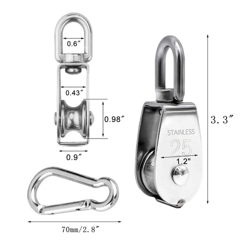 Heavy Duty Stainless Steel M25 Single Pulley Block Set With Spring Snap Hook For Lifting And Rigging, One Inch Sheave Pulley Wheel, Swivel Snatch Pulley Block, 330 Lbs Load Capacity, Anti Rust And Wear Resistant, 2 Pack; stainless steel pulley with measurements