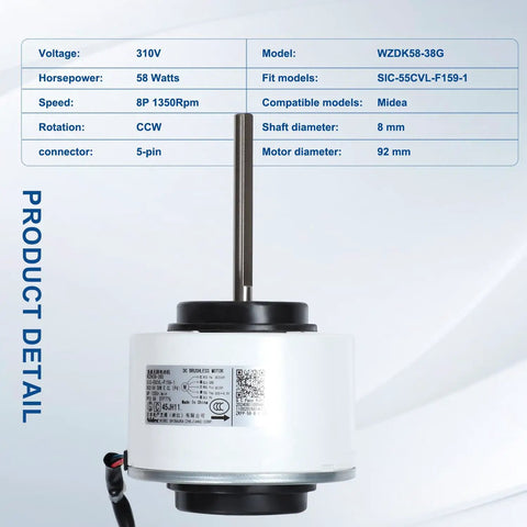 WZDK58-38G Brushless DC Inverter Motor For Air Conditioners, 310V 58W, 8-Pole CCW, 5-Wire Harness, SIC-55CVL-F159-1, 1350 RPM