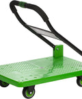 Heavy Duty Flatbed Hand Cart Featuring Slick Four Wheel Rollers And A Tough Foldable Frame for easy transport of items.
