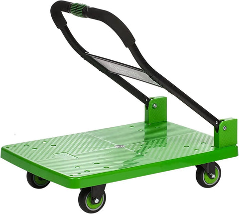Heavy Duty Flatbed Hand Cart Featuring Slick Four Wheel Rollers And A Tough Foldable Frame for easy transport of items.