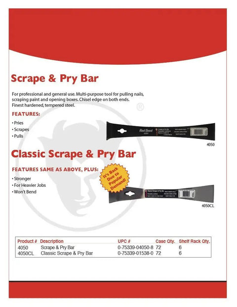 Heavy Duty Scrape And Pry Bar For Pros And DIYers, Built Tough With Hardened Steel, product features list on display.
