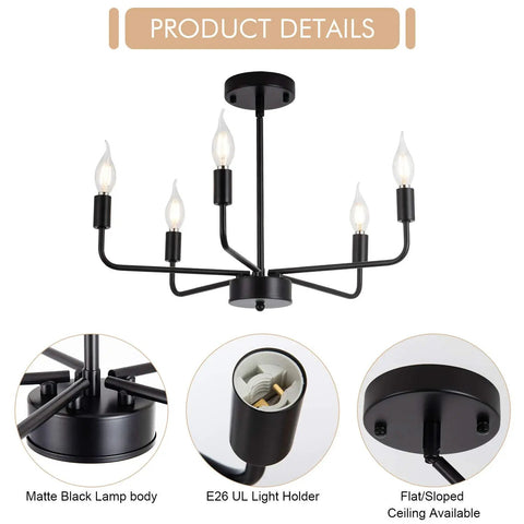 Dope Matte Black Chandelier Modern Farmhouse Candle Ceiling Light Five Light Pendant Fixture with E12 Bulb Base