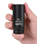 Deep Impact Socket 22mm For One Half Inch Drive, CR-MO 6 Point Metric Socket With Black Phosphoric Acid Coating held in hand